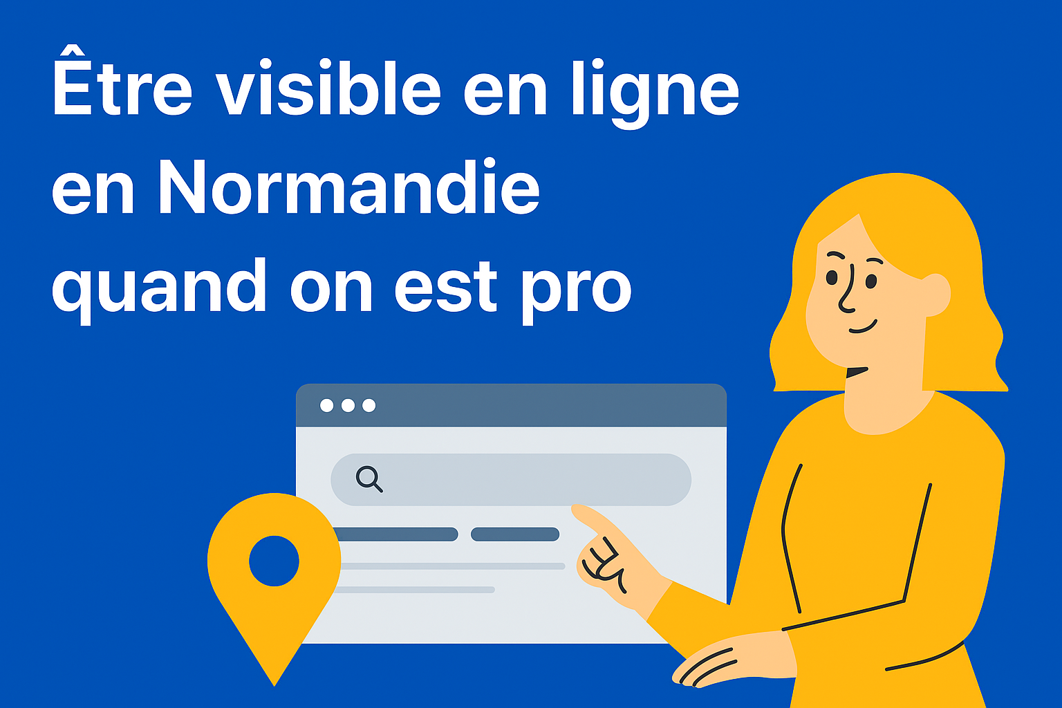 Illustration représentant la visibilité locale en ligne pour les professionnels en Normandie, avec une carte, une loupe et des icônes de présence digitale.