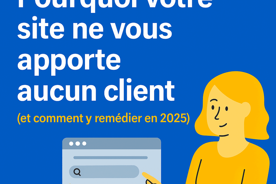 Illustration d’un professionnel pointant un écran d’ordinateur avec le titre “Pourquoi votre site ne vous apporte aucun client (et comment y remédier en 2025)” sur fond bleu, style vectoriel Aegir Pro.