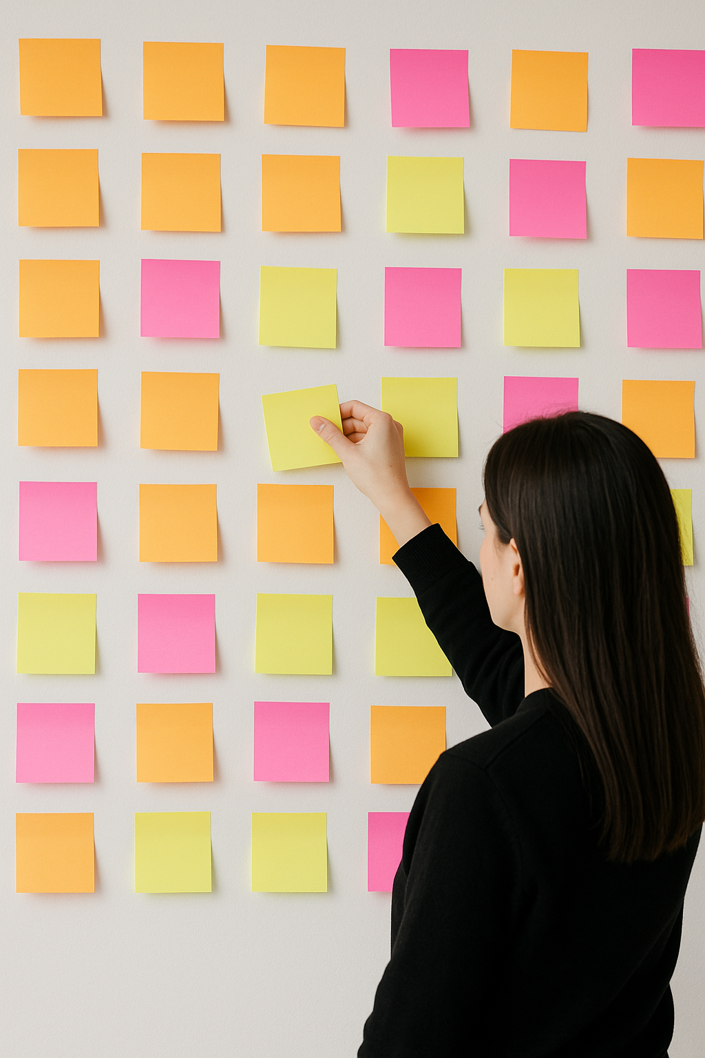 Personne qui colle des notes sur un mur