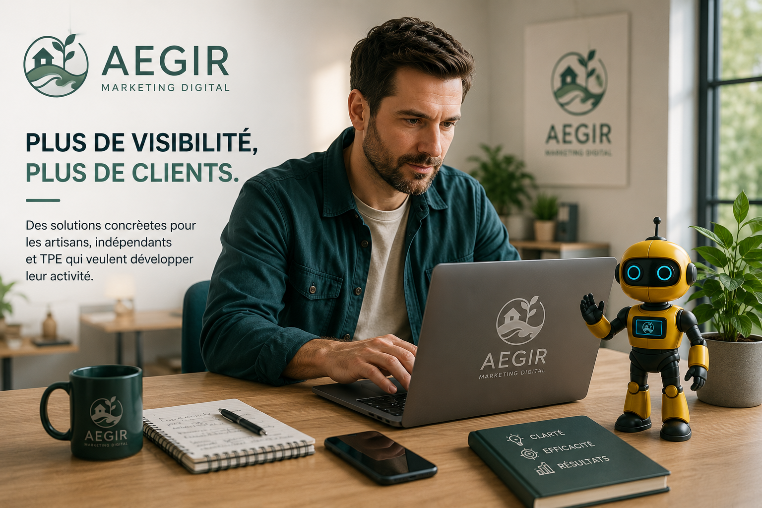 artisan utilisant un ordinateur pour développer la visibilité digitale de son entreprise avec AEGIR