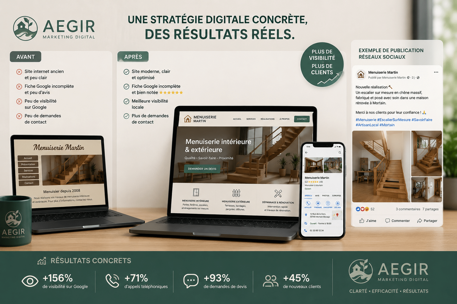 comparaison avant après d’une stratégie de visibilité locale avec site internet, fiche Google et réseaux sociaux