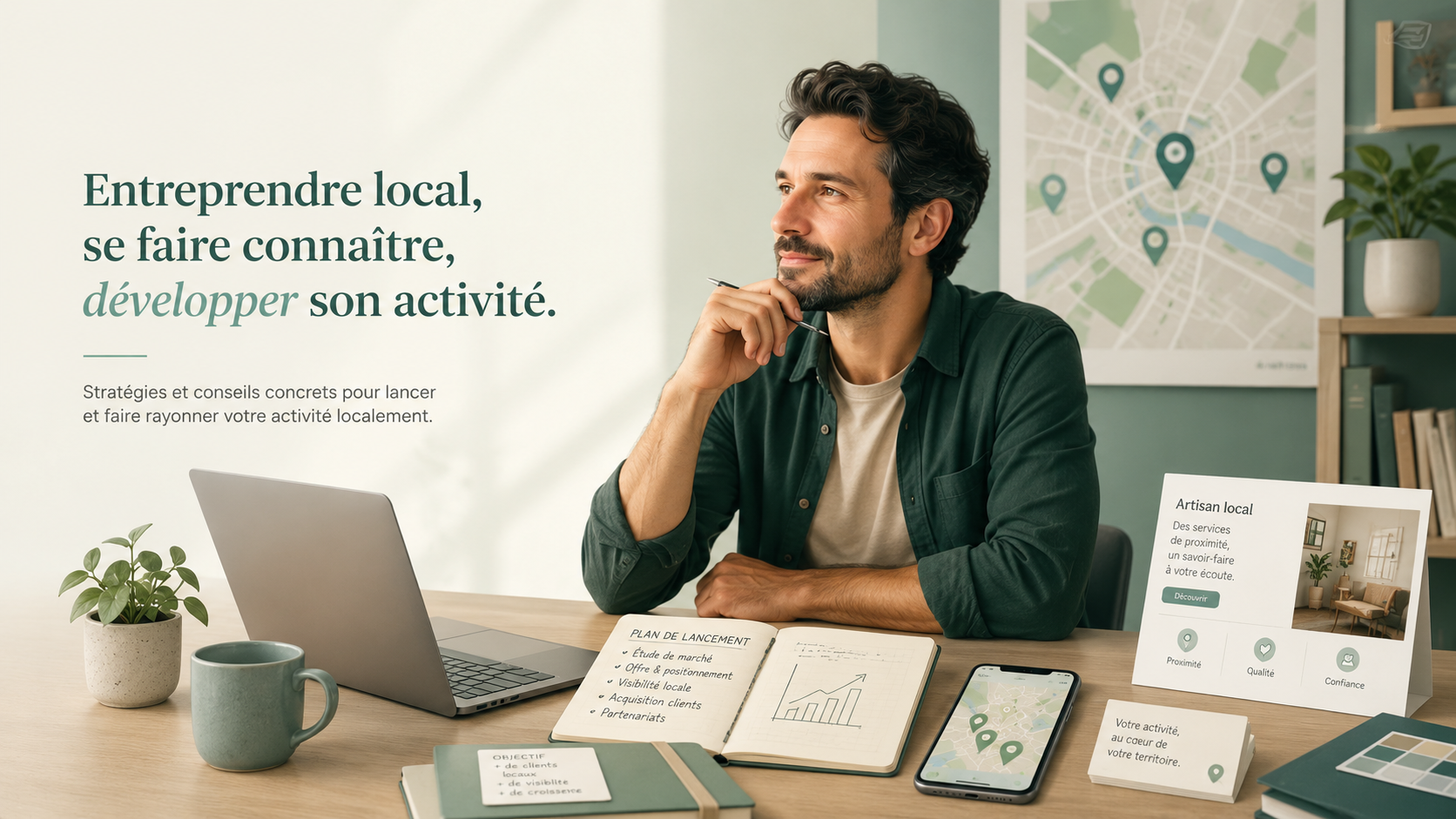 Entrepreneur artisan dans un bureau préparant le lancement de son activité et sa visibilité locale