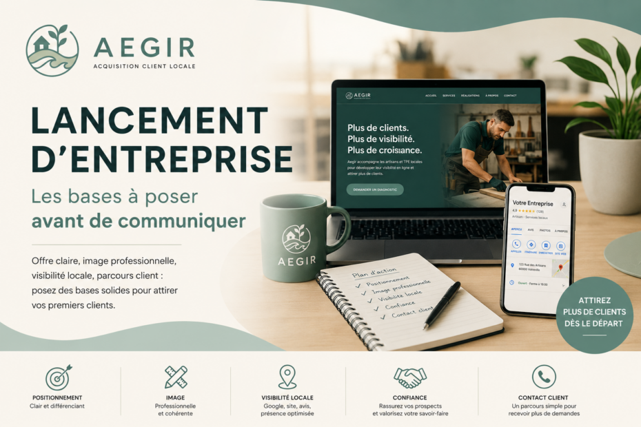 Image de mise en avant Aegir sur le lancement d’entreprise, la visibilité locale et les bases de communication à poser avant de se faire connaître