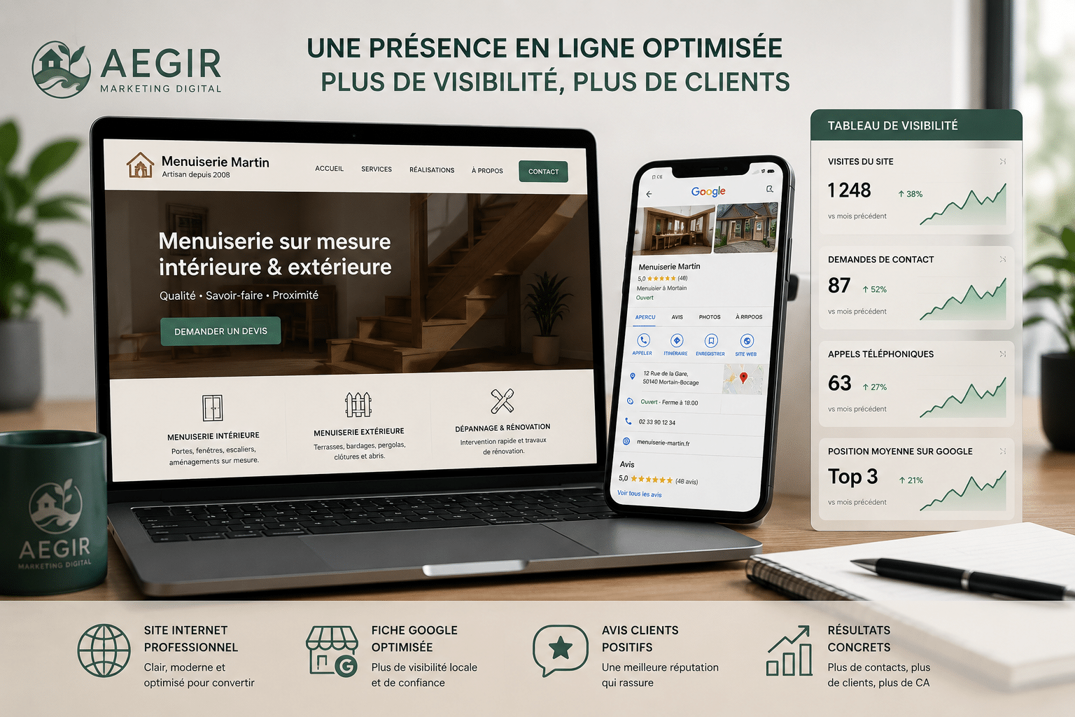 capture illustrative d’un site internet professionnel avec fiche Google optimisée et tableau de visibilité locale