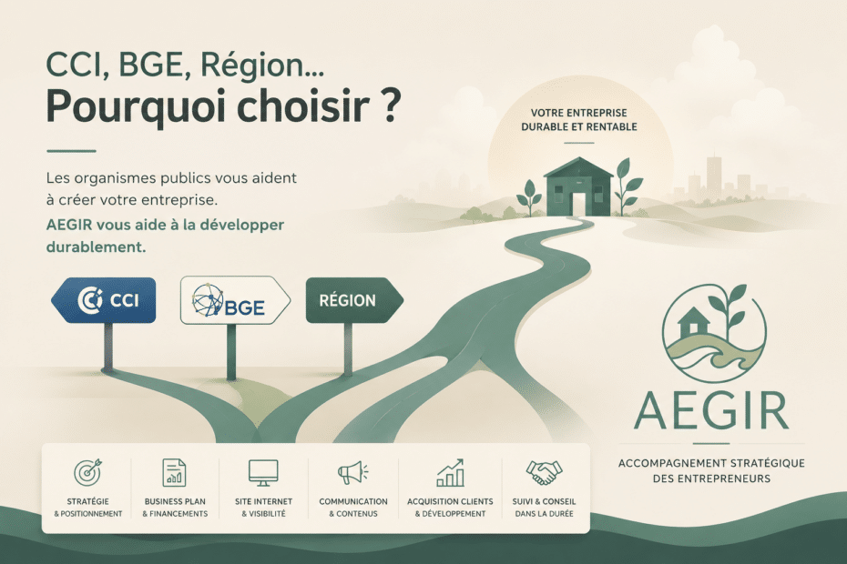 Comparatif entre la CCI, la BGE et AEGIR pour accompagner la création et le développement d'une entreprise.