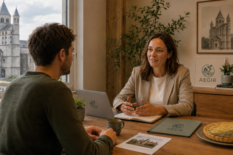 Rendez-vous d’accompagnement AEGIR pour un projet de création d’entreprise en Belgique, avec références à Nivelles, à la Collégiale Sainte-Gertrude et à la tarte al djote.
